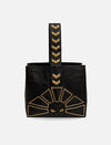 Black leather handbag with gold geometric embroidery and chevron detail on handle
