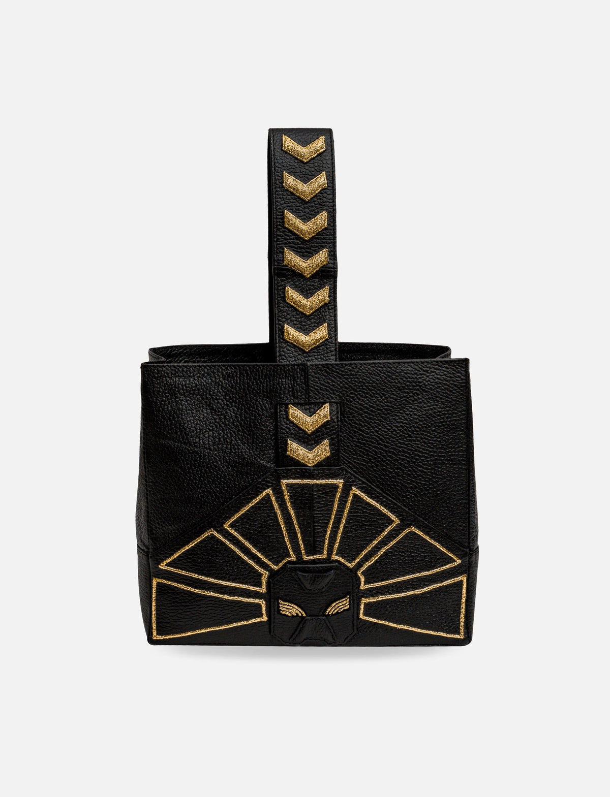 Black leather handbag with gold geometric embroidery and chevron detail on handle