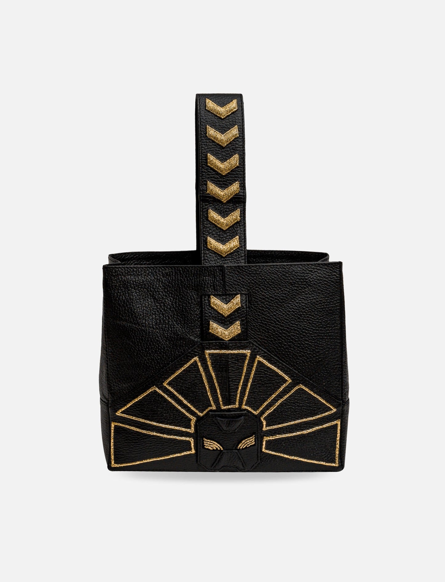 Black leather handbag with gold geometric embroidery and chevron detail on handle