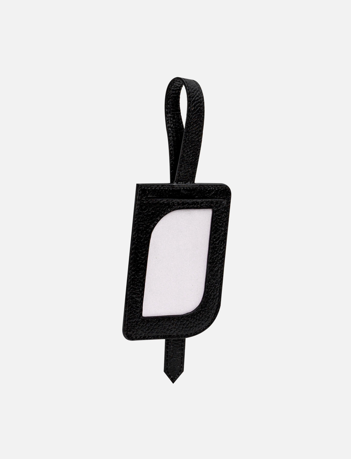 Black leather luggage tag with loop and clear ID window isolated on white background