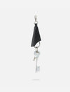 Black leather keychain with embossed logo and two silver keys hanging against white background