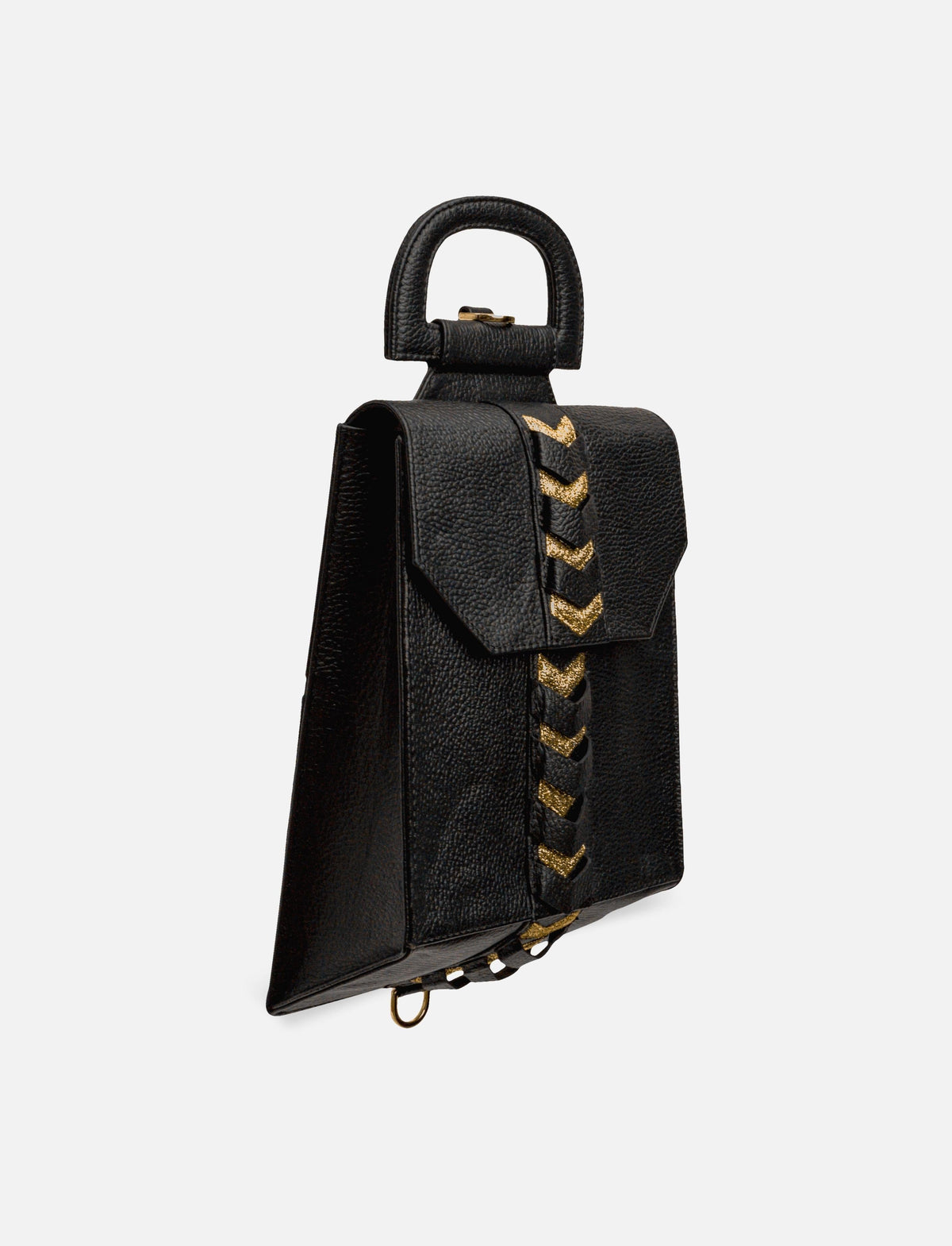 Black textured leather handbag with a top handle and gold chevron detailing down the front