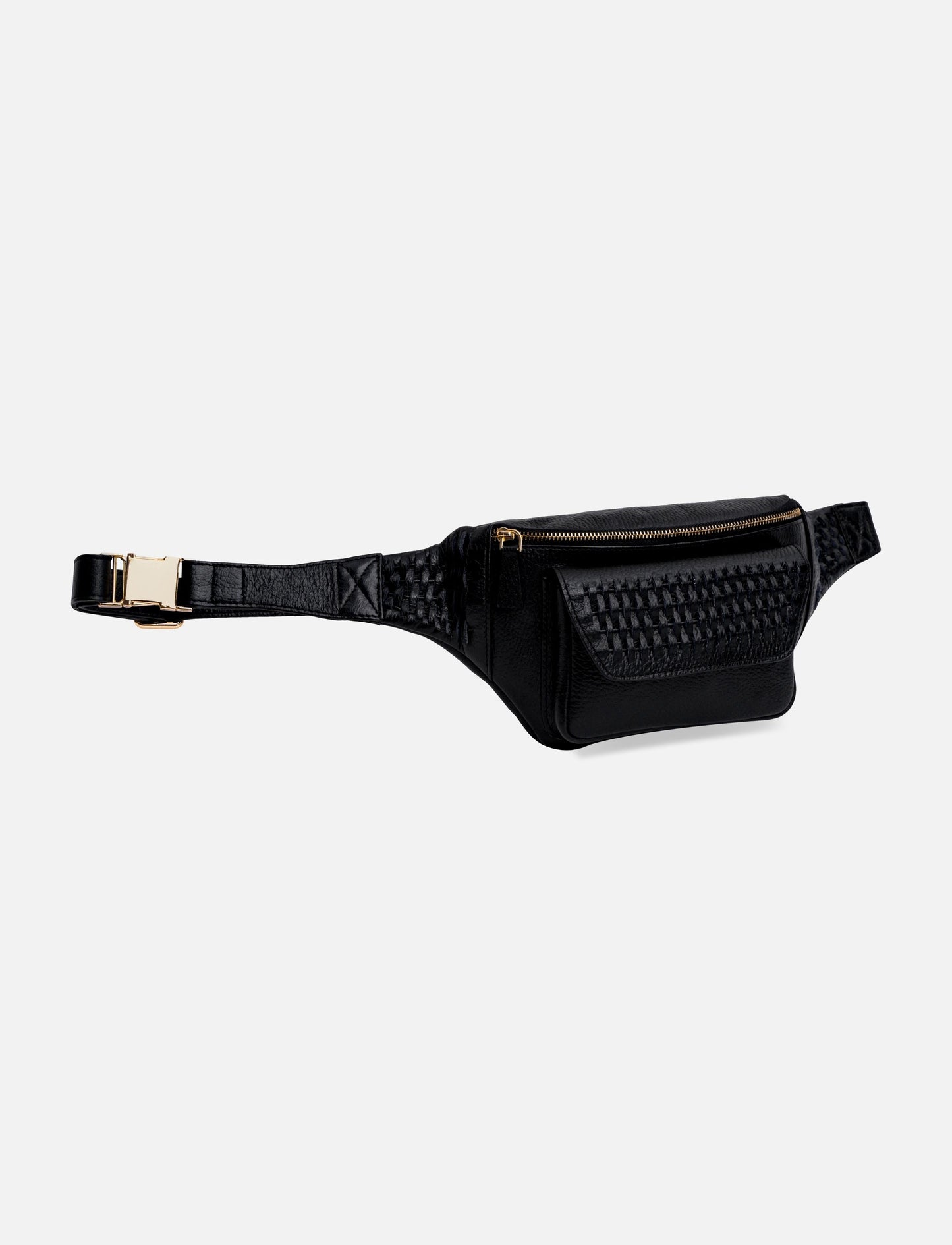 Black leather waist bag with woven texture front pocket and gold zipper on white background
