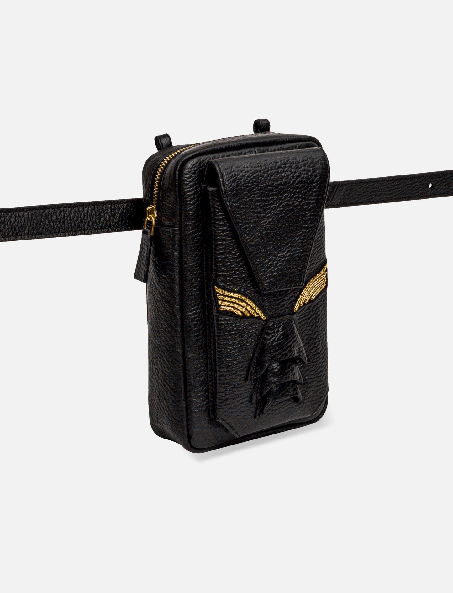 Black textured leather belt bag with golden wing embroidery and geometric flap design