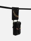 Black leather belt bag with gold arrow embellishments and tassel detail on front pouch