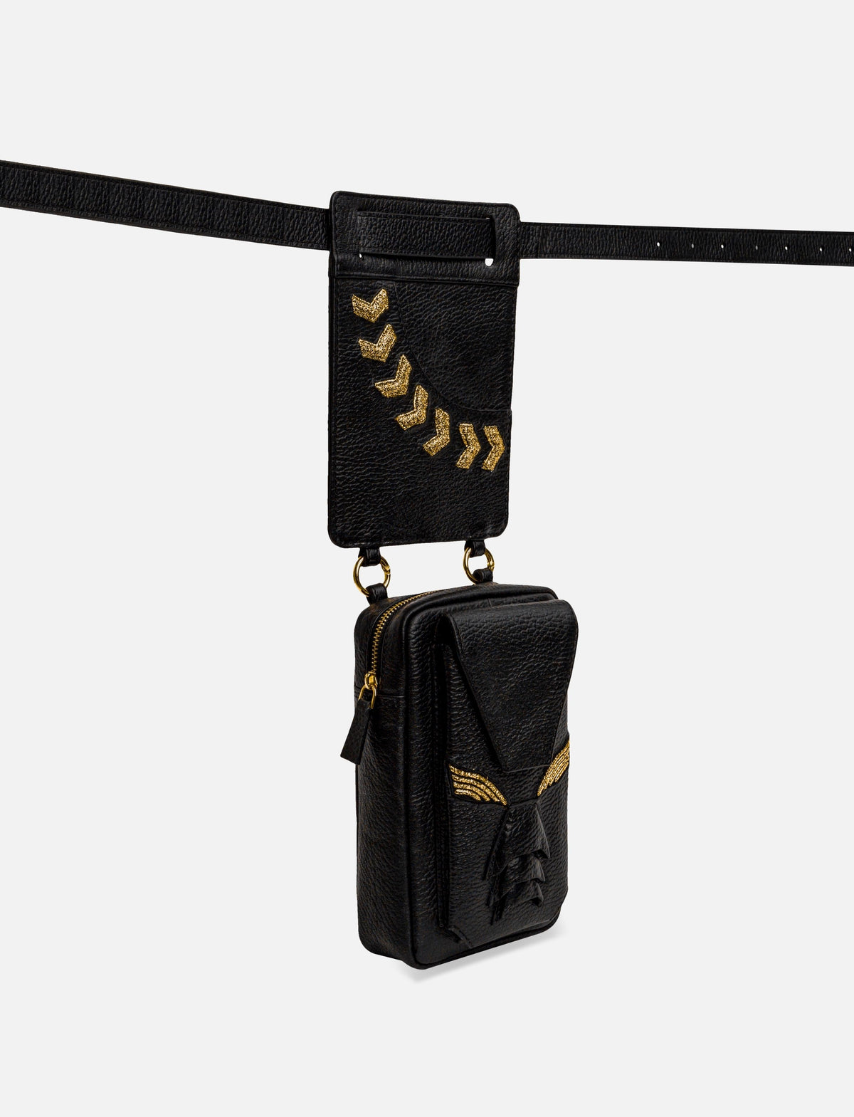 Black leather belt bag with gold arrow embellishments and tassel detail on front pouch