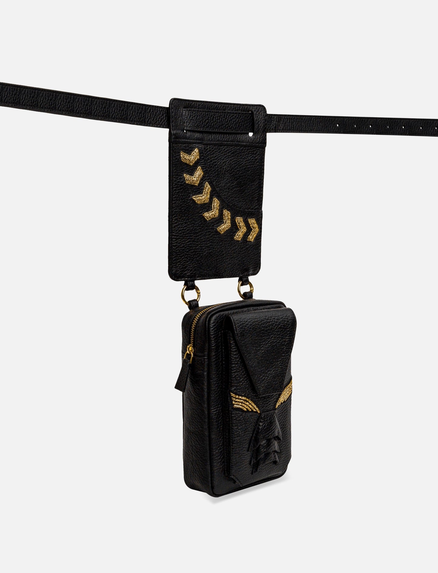 Black leather belt bag with gold arrow embellishments and tassel detail on front pouch