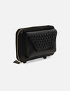 Black leather wallet with gold zipper and woven textured flap pocket on white background