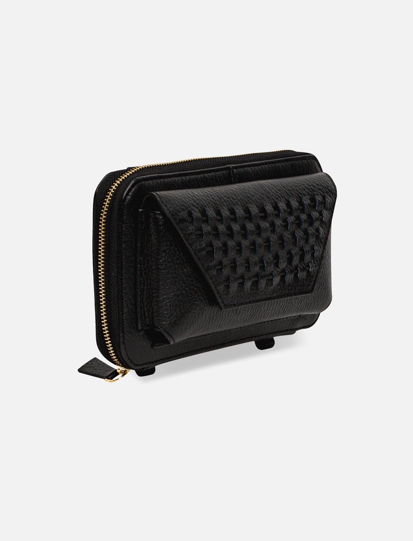 Black leather wallet with gold zipper and woven textured flap pocket on white background