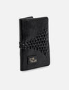 Black leather wallet with woven leather detail and EcoNook logo patch