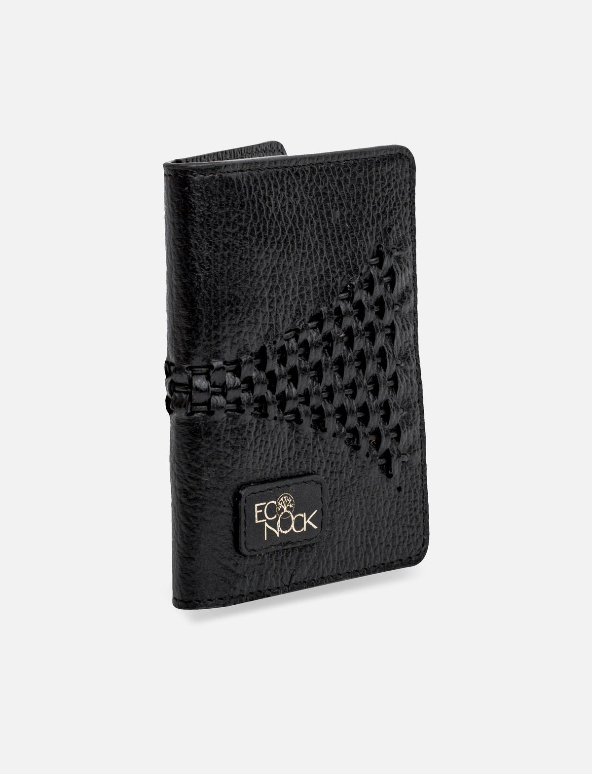 Black leather wallet with woven leather detail and EcoNook logo patch