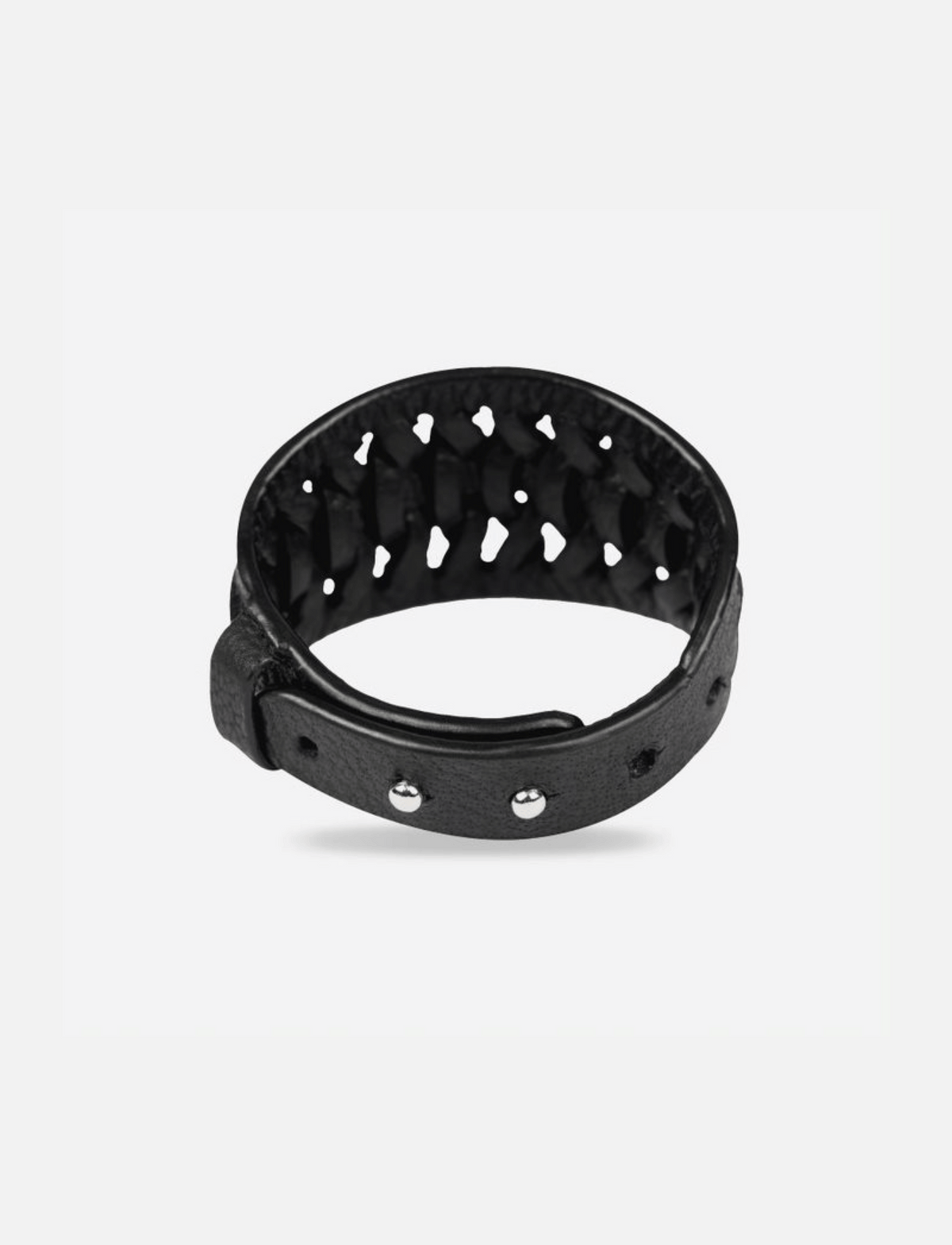 Black braided leather wristband with metal studs and adjustable buckle