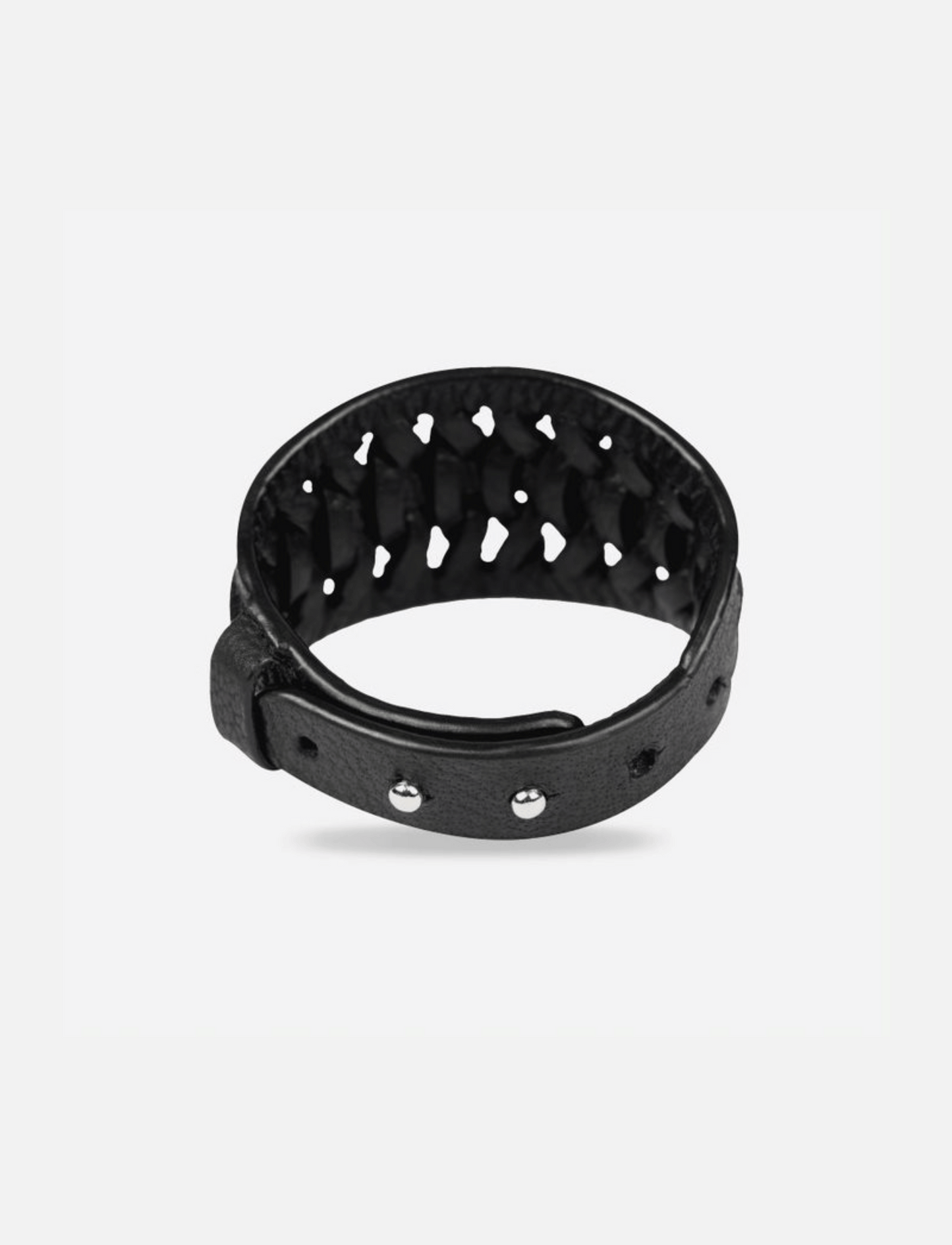 Black braided leather wristband with metal studs and adjustable buckle