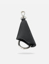 Black upcycled leather keychain with silver attachment loop and metal clip on white background