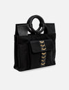 Black tote bag with leather handles and front pocket featuring gold chevron embroidery