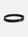 Black leather belt with woven texture and silver rectangular buckle on white background