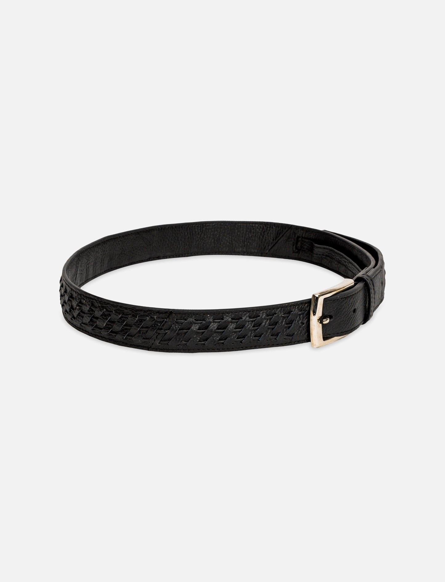 Black leather belt with woven texture and silver rectangular buckle on white background