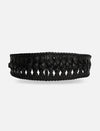 Black woven leather belt with intricate braided pattern on white background