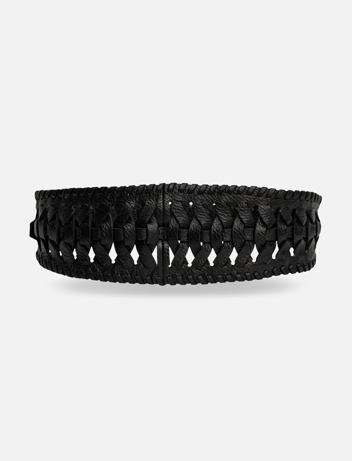 Black woven leather belt with intricate braided pattern on white background