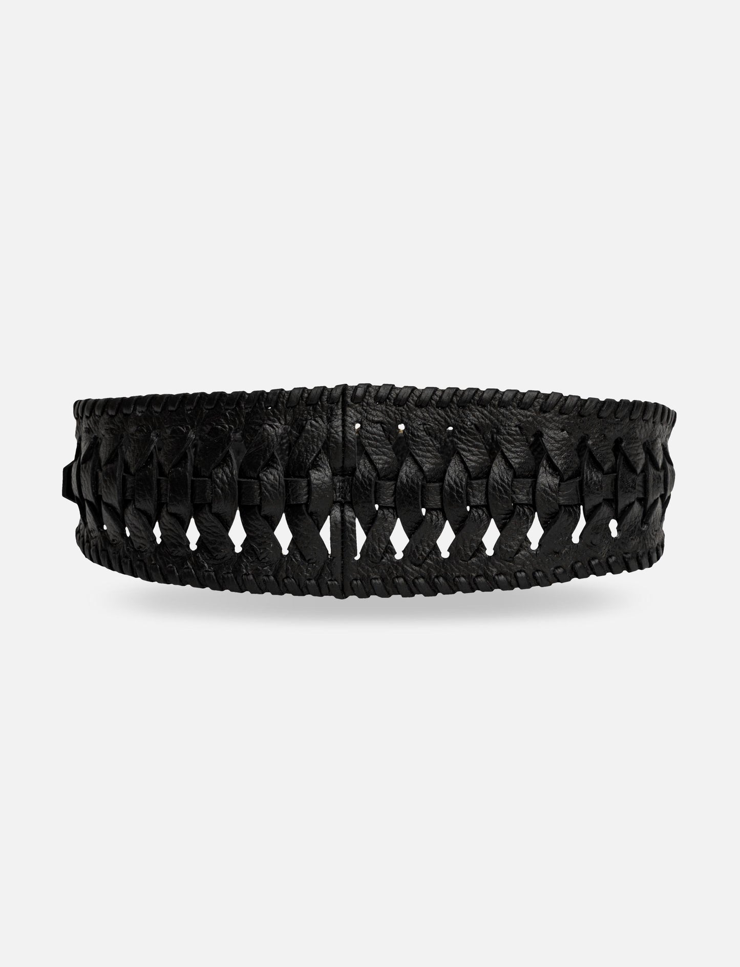 Black woven leather belt with intricate braided pattern on white background