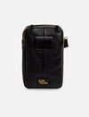 Black textured leather EcoNock small zippered pouch with front patch and gold logo