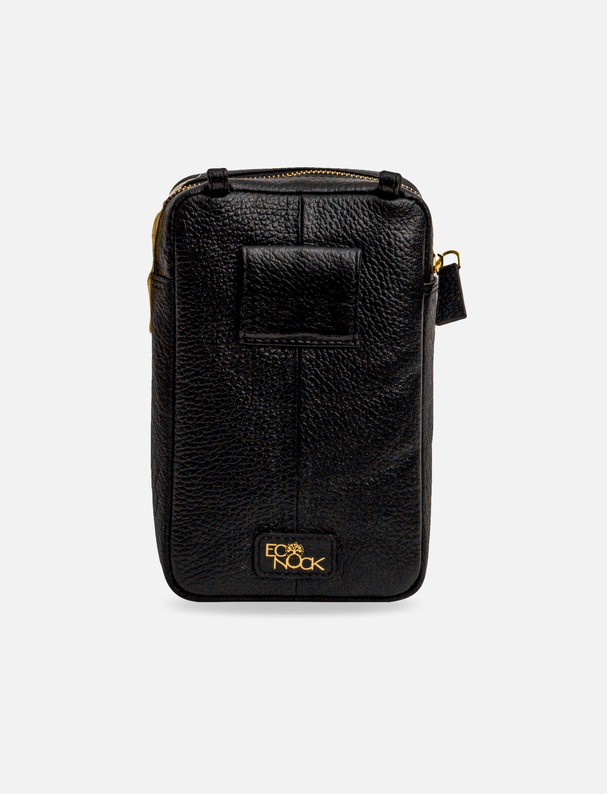 Black textured leather EcoNock small zippered pouch with front patch and gold logo