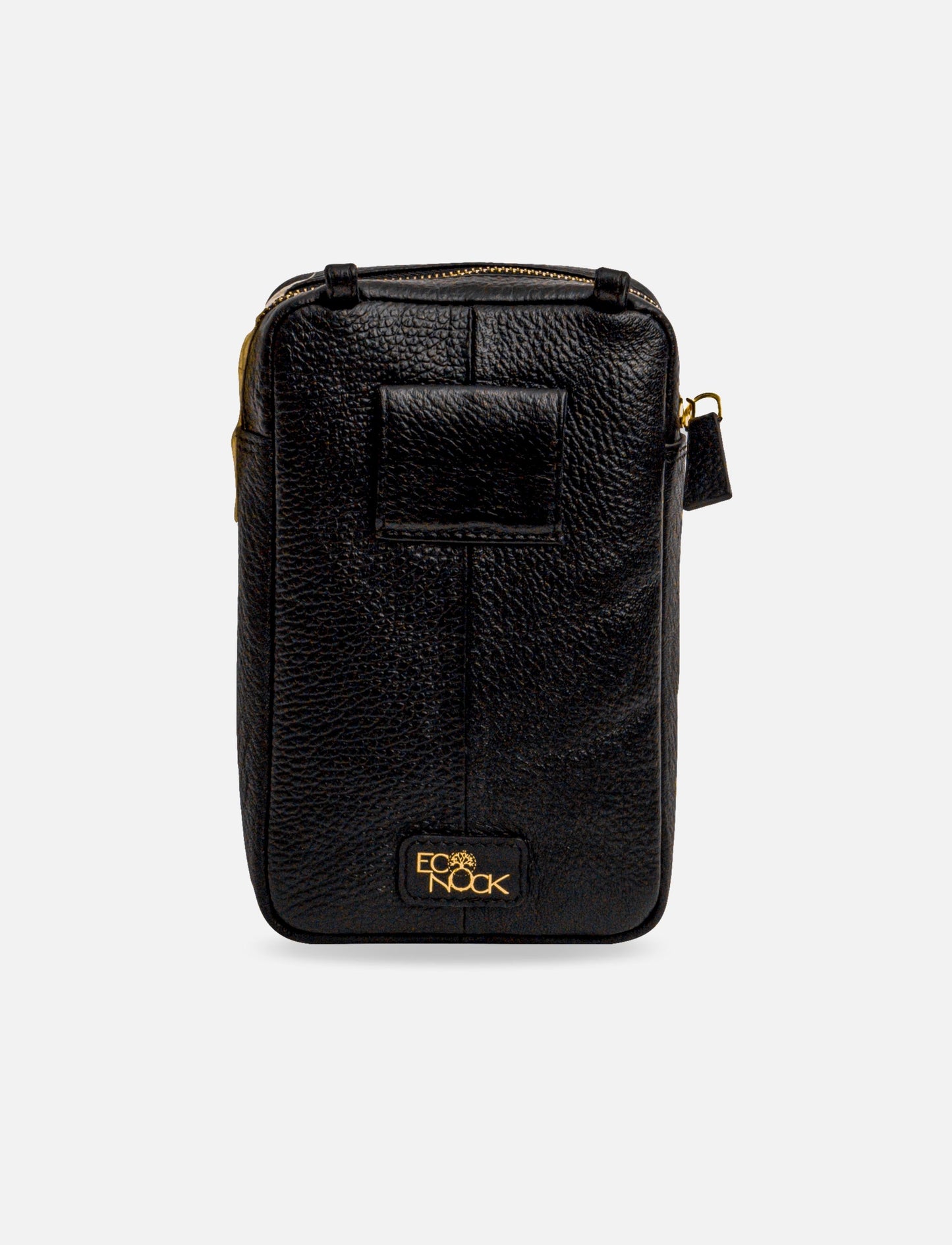 Black textured leather EcoNock small zippered pouch with front patch and gold logo