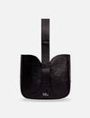 Black textured leather handbag with a central strap and Ec Nook logo on front
