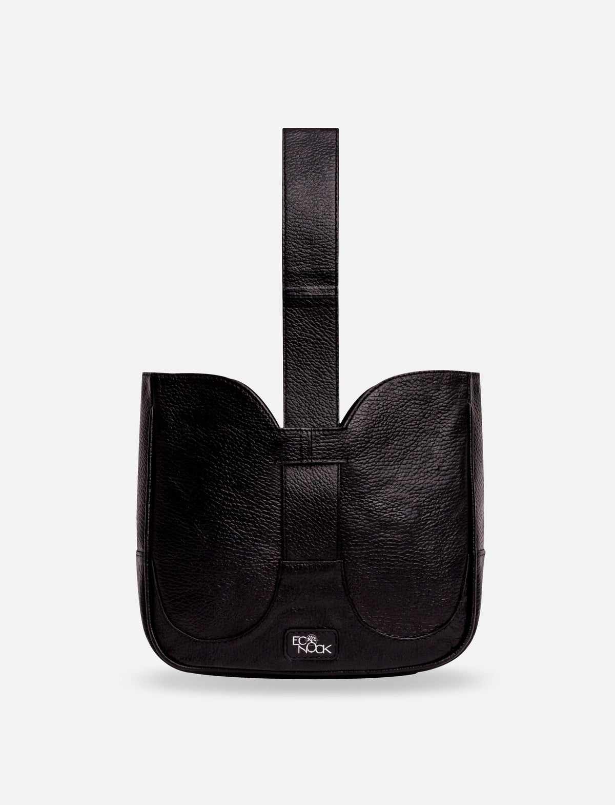 Black textured leather handbag with a central strap and Ec Nook logo on front