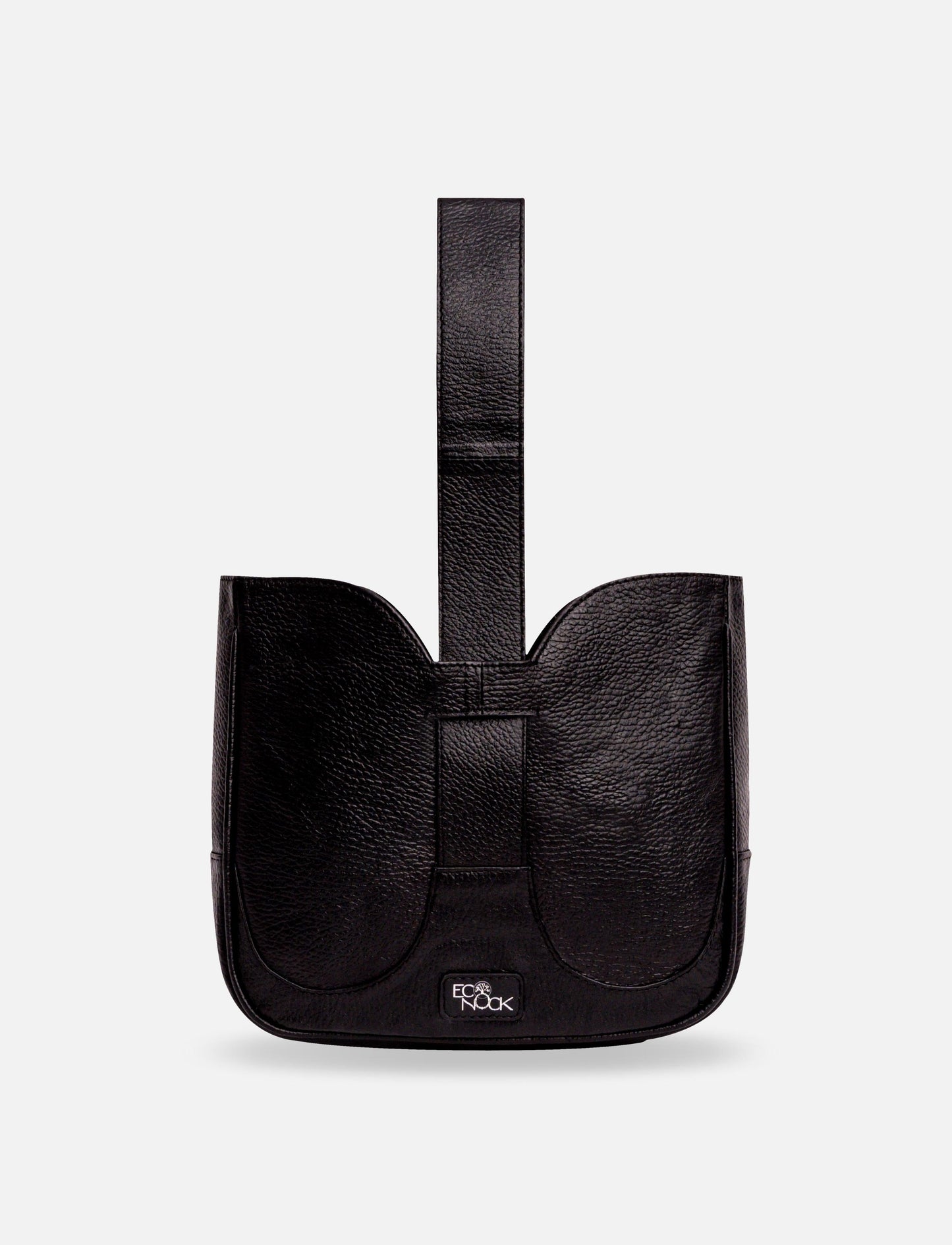 Black textured leather handbag with a central strap and Ec Nook logo on front