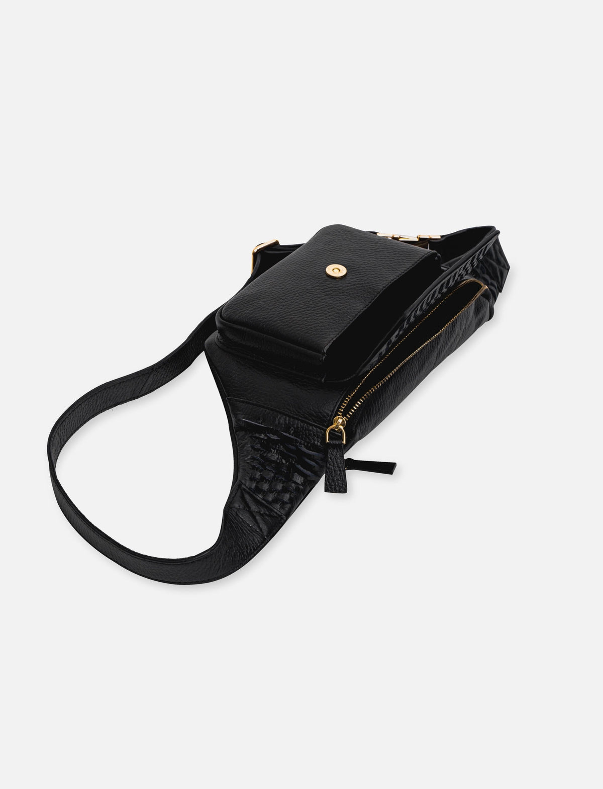 Black leather crossbody bag with gold zipper and front pocket on white background