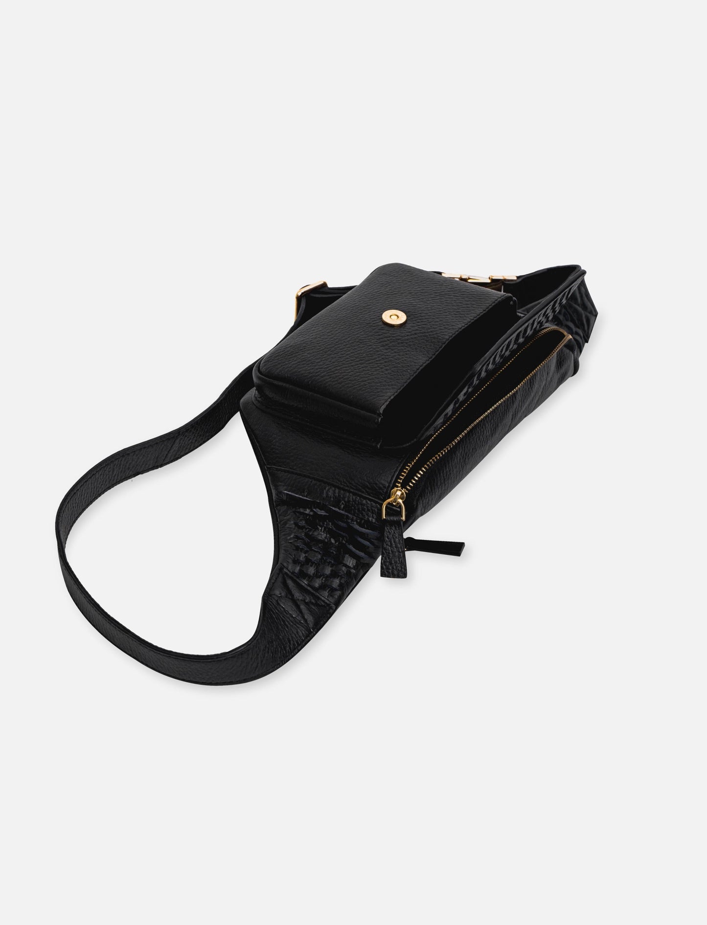 Black leather crossbody bag with gold zipper and front pocket on white background