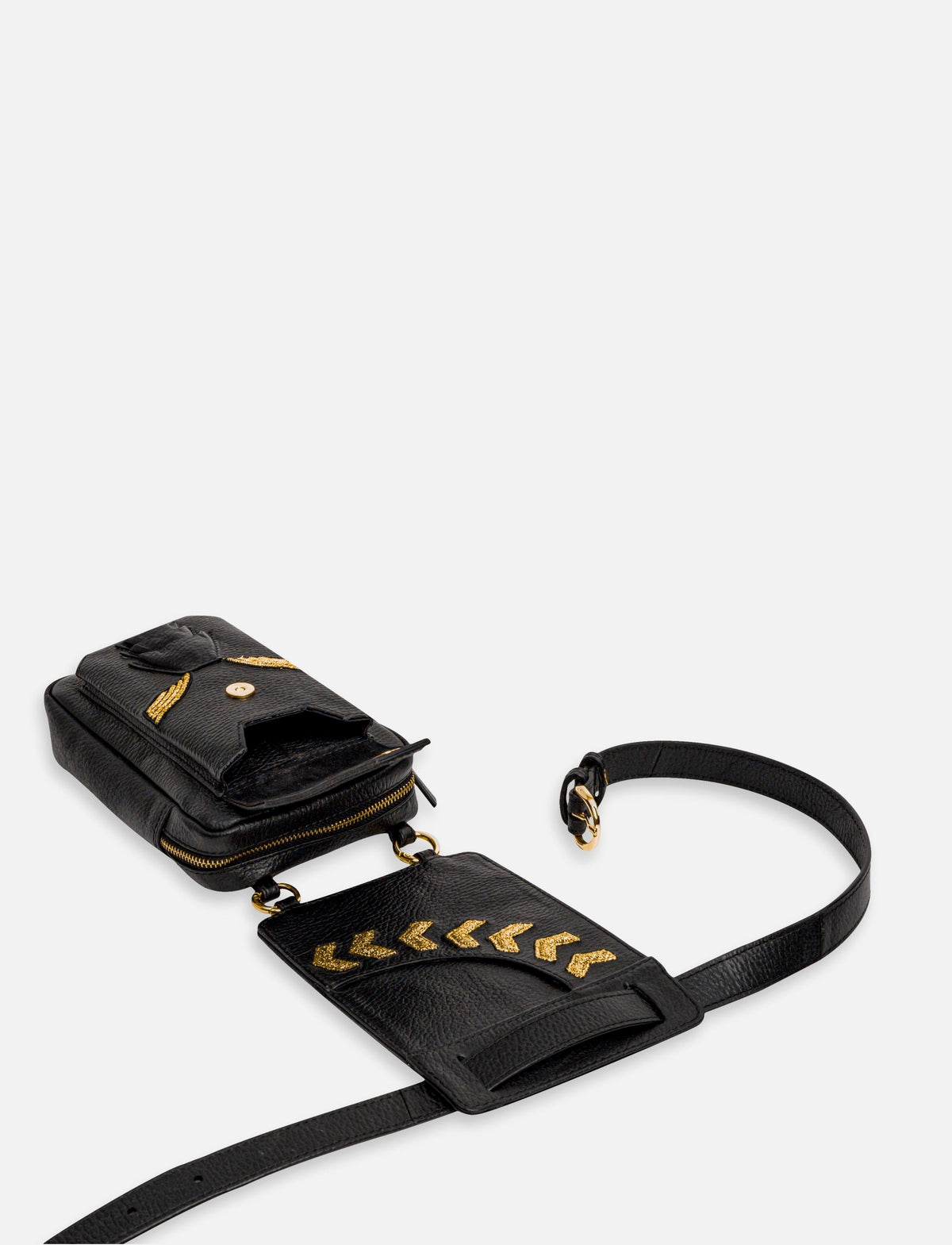 Black leather belt bag with gold chevron studs and heart design on white background