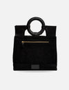 Black canvas tote bag with round leather wrapped handles and front zipper pocket
