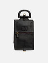 Black textured leather rectangular handbag with top handle, gold zipper, and embossed logo