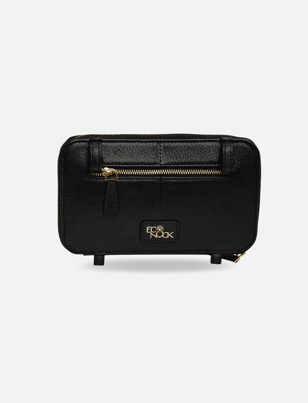 Black textured leather wallet with gold zipper and Eco Nook logo on front