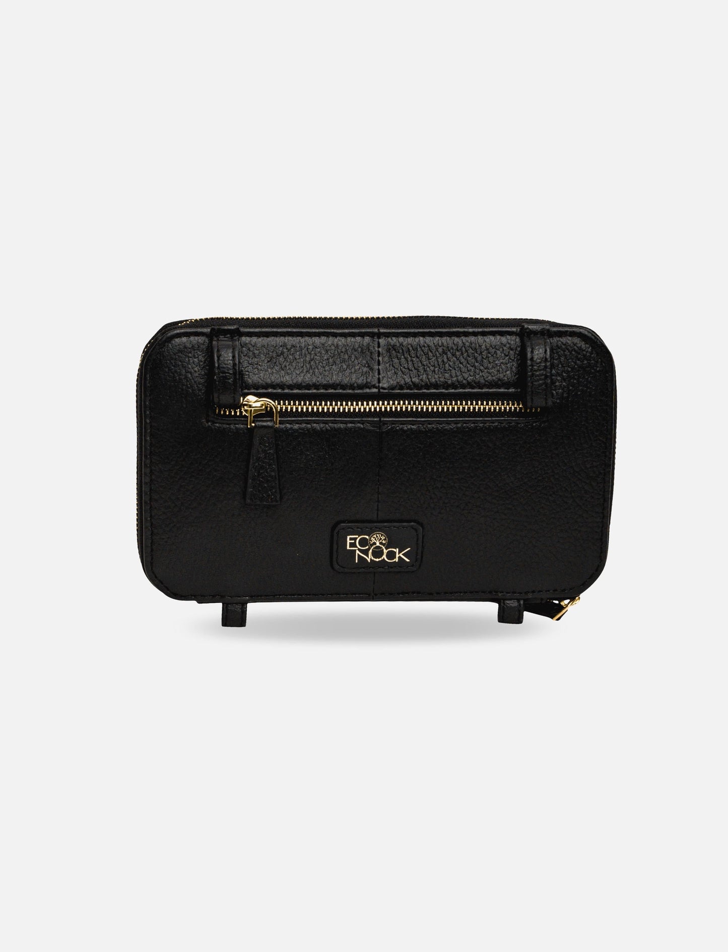 Black textured leather wallet with gold zipper and Eco Nook logo on front