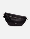 Black textured leather waist bag with zip pocket and Eco Nook logo on front