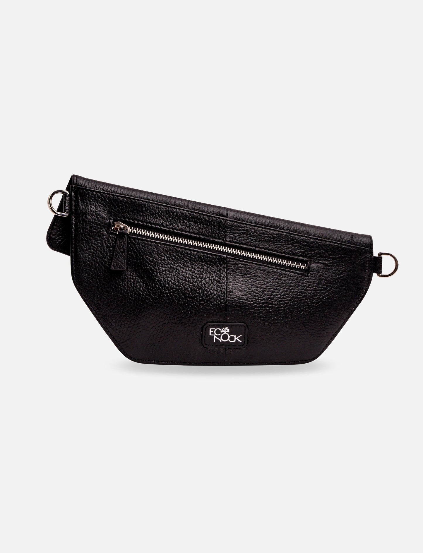 Black textured leather waist bag with zip pocket and Eco Nook logo on front