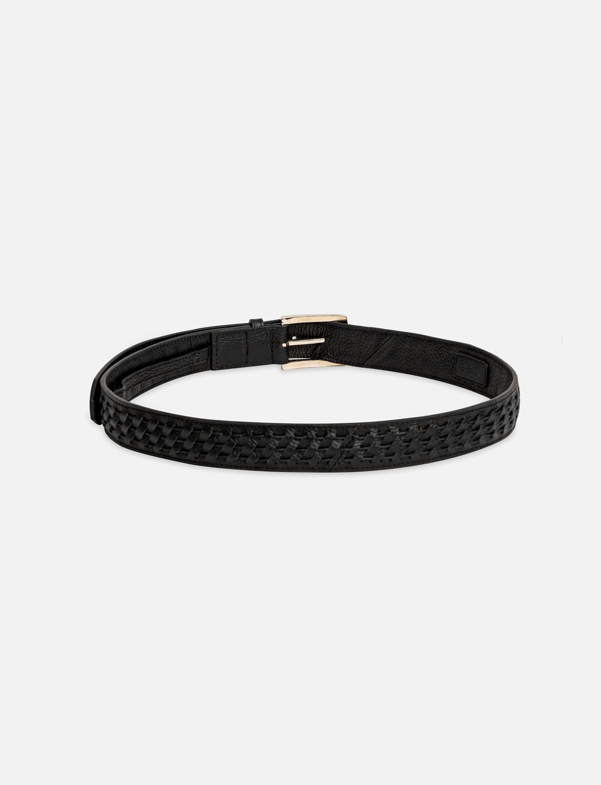 Black leather belt with woven texture and silver buckle on white background