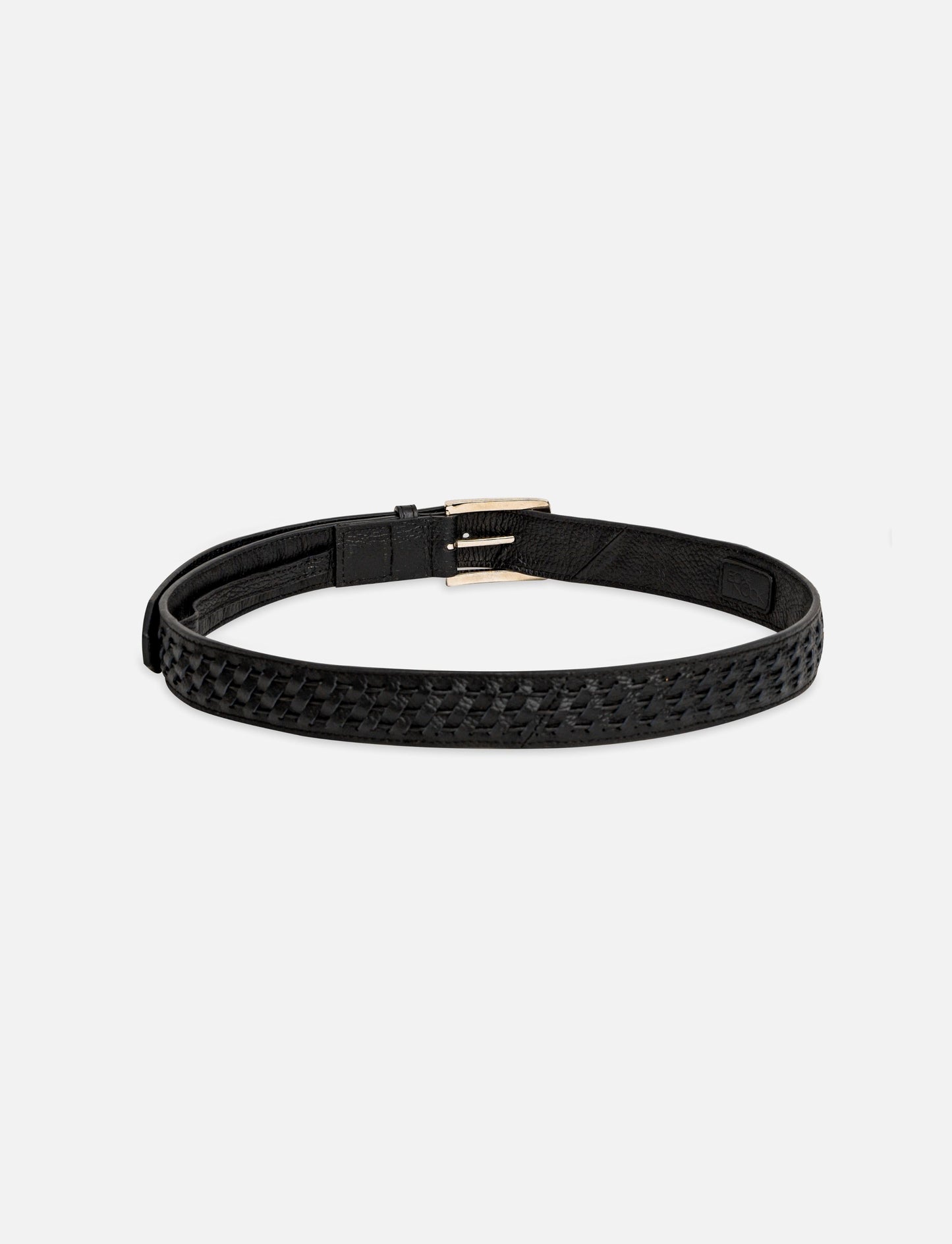 Black leather belt with woven texture and silver buckle on white background