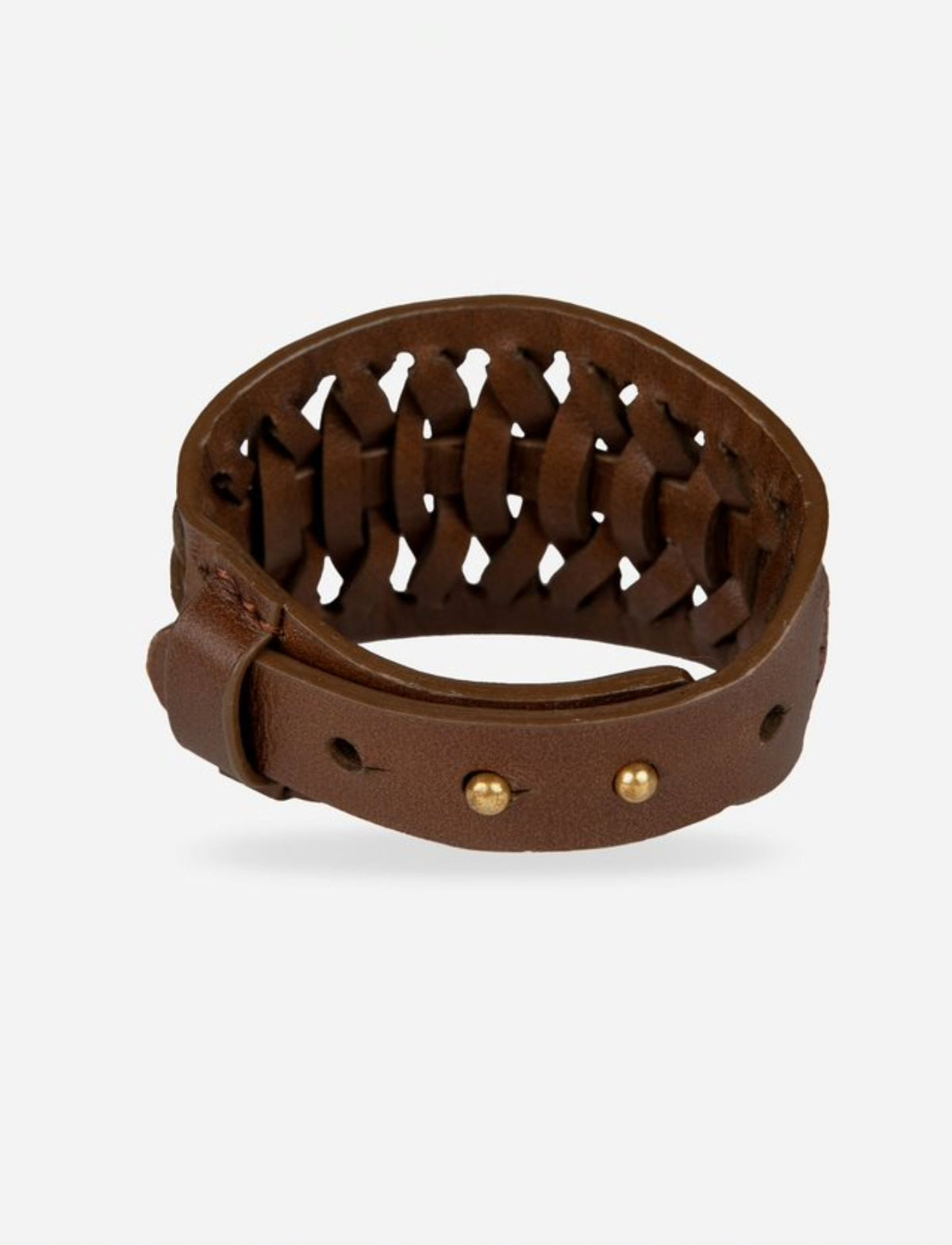 Brown braided leather bracelet with metal studs, vintage tribal wristband style