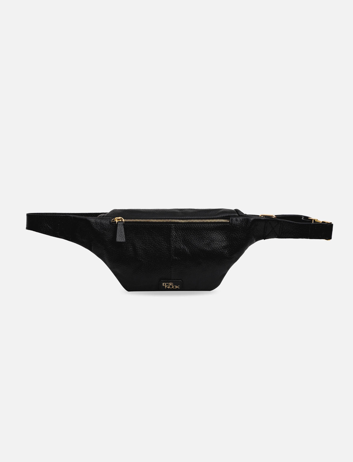 Black leather waist bag with gold zipper and adjustable strap on white background