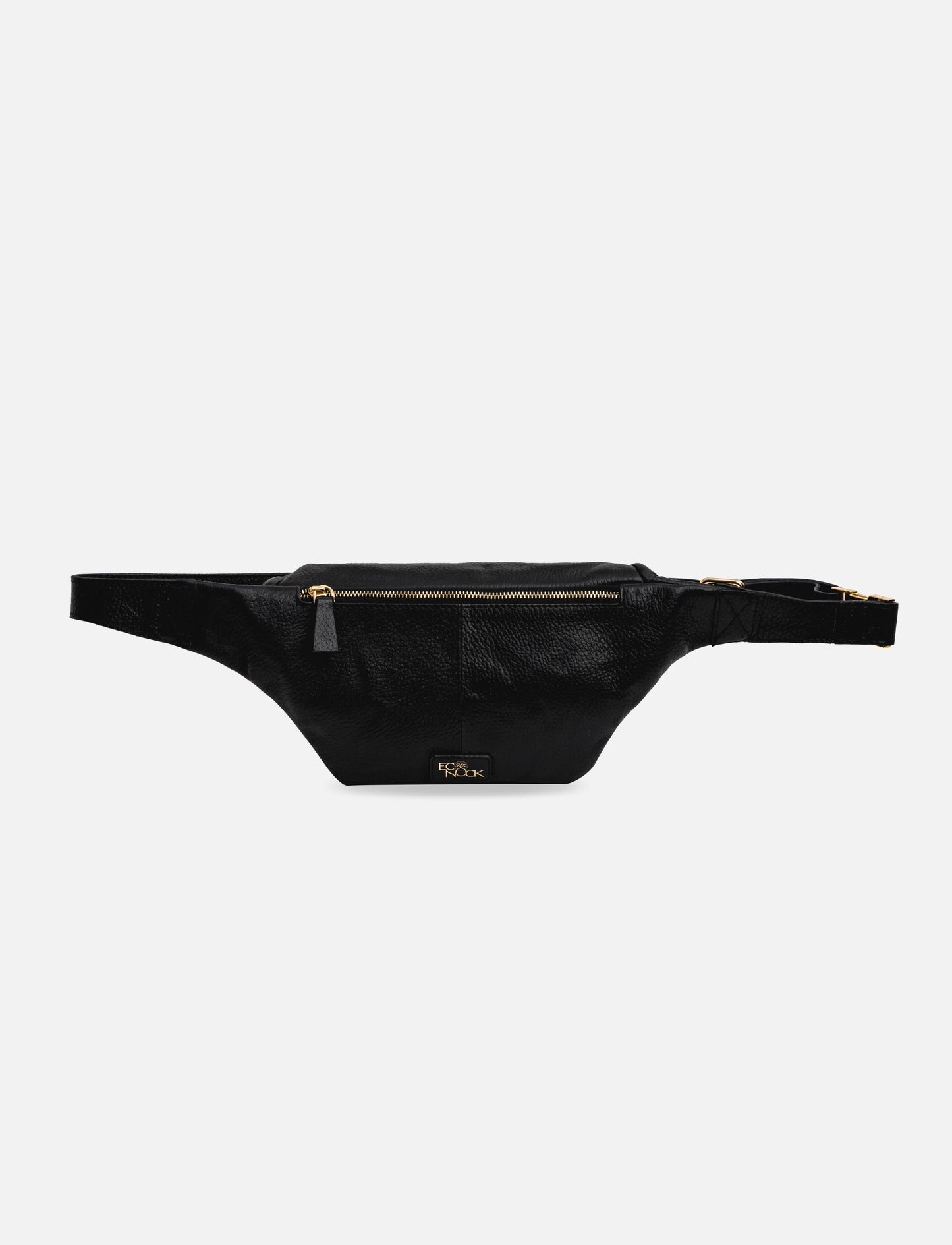 Black leather waist bag with gold zipper and adjustable strap on white background