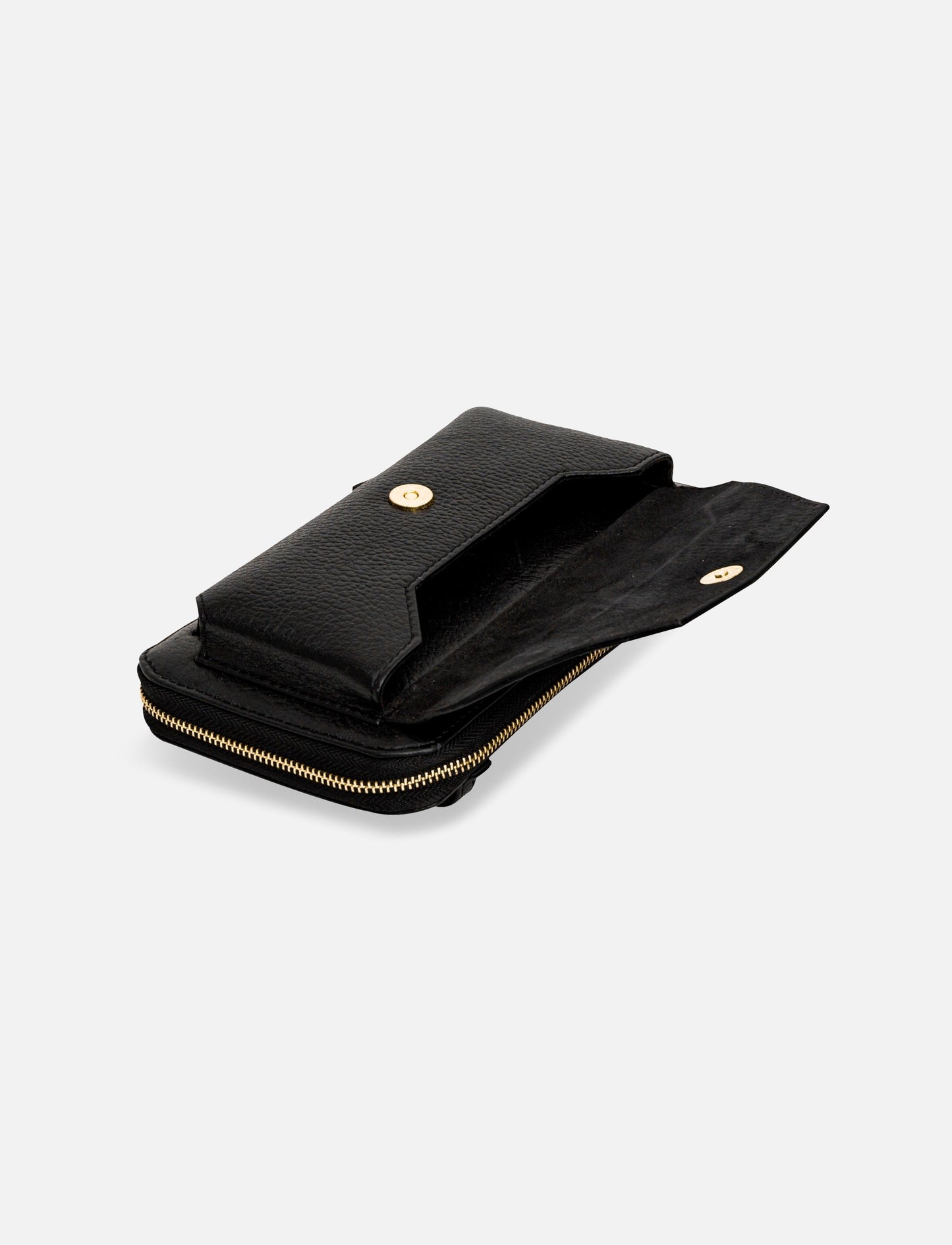 Black textured leather wallet with gold snap button and zipper on white background