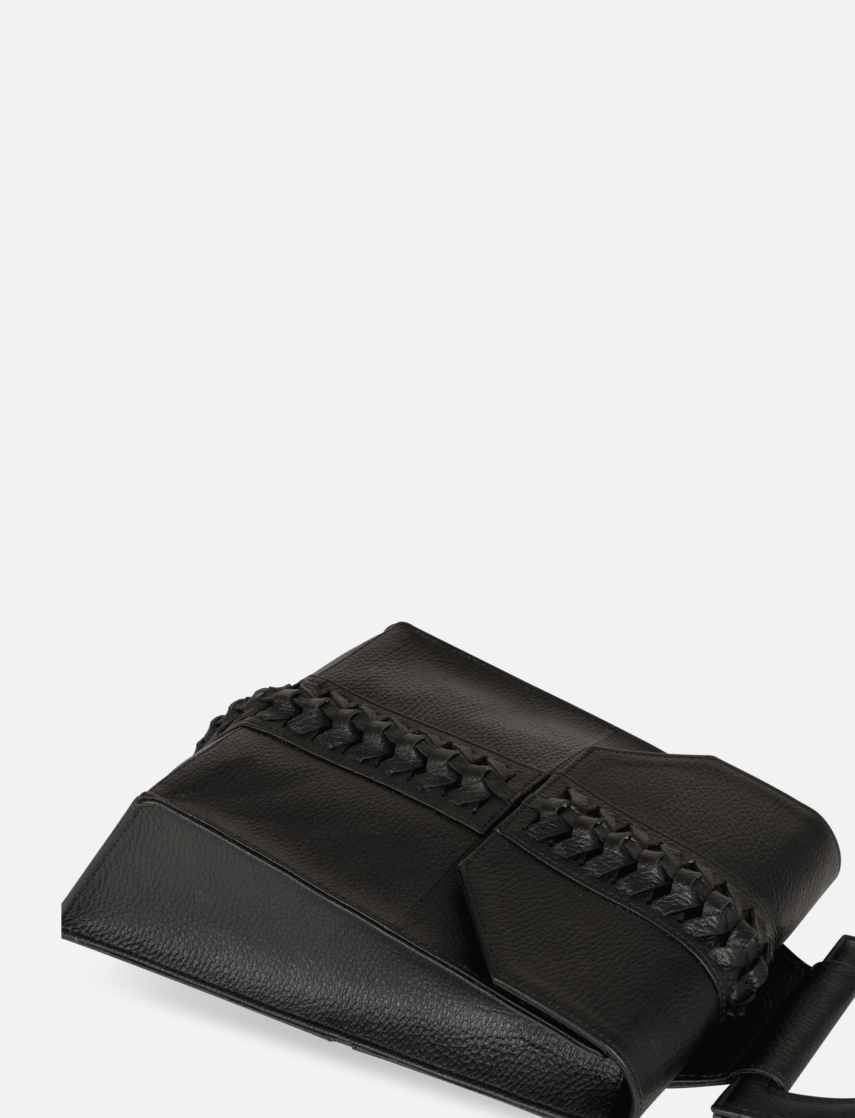 Black leather clutch bag with intricate braided detail on flap against white background