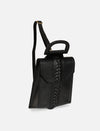 black leather backpack with woven center detail and adjustable shoulder straps