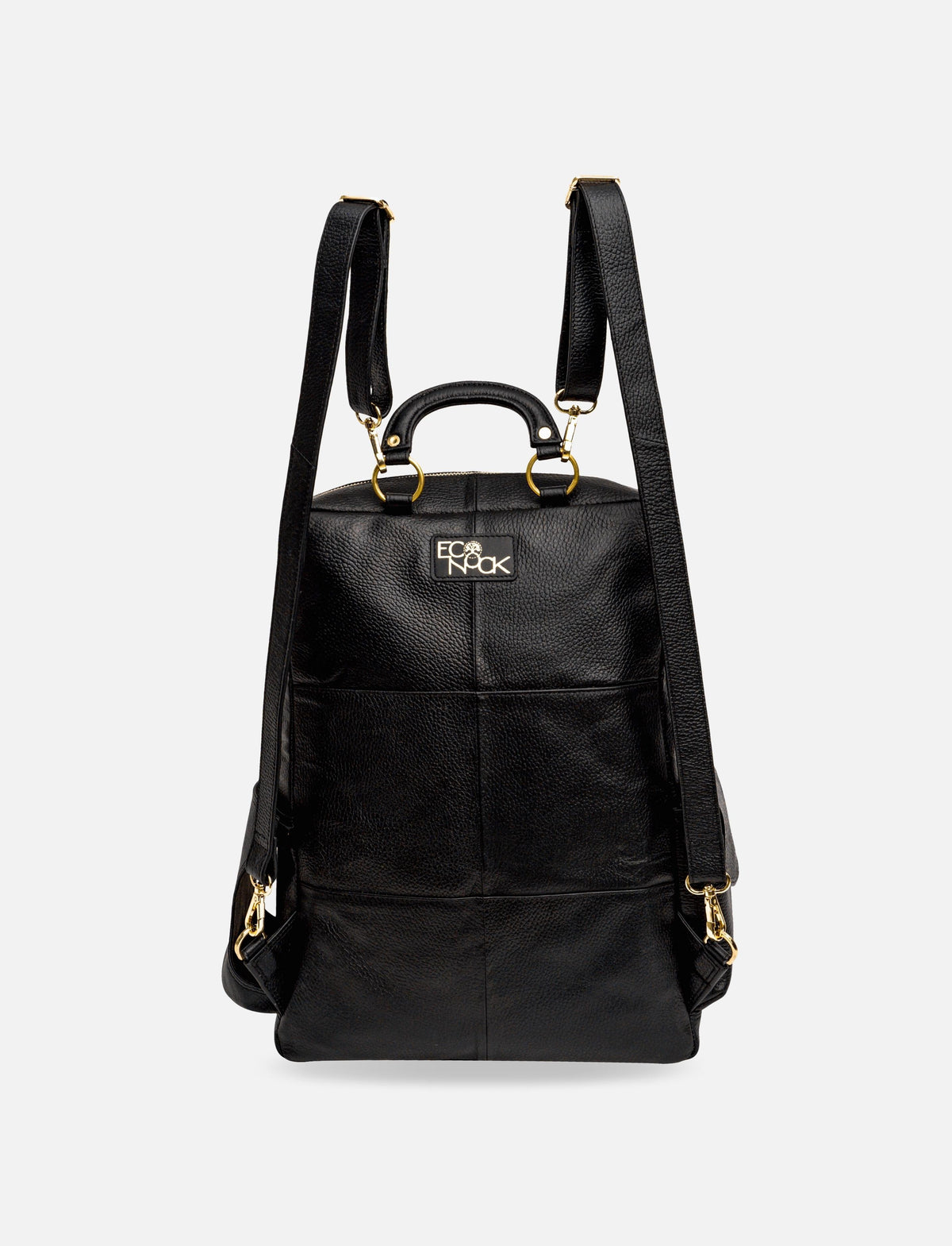 Black designer leather backpack with gold hardware and top handle 