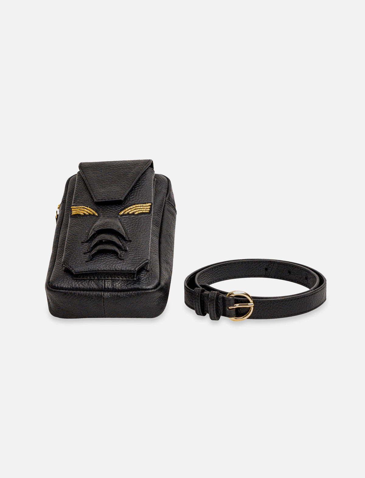 Black leather belt bag with gold embroidery and matching black leather belt with gold buckle