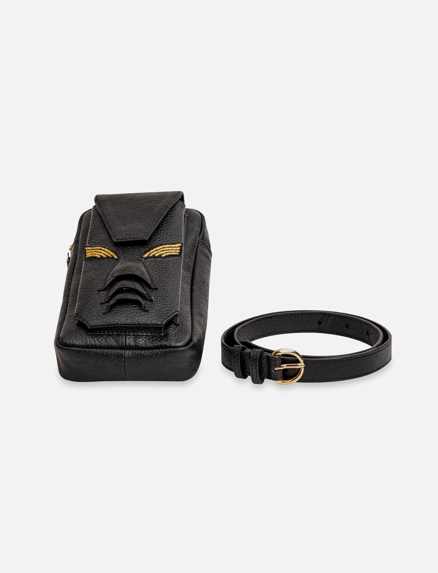 Black leather belt bag with gold embroidery and matching black leather belt with gold buckle